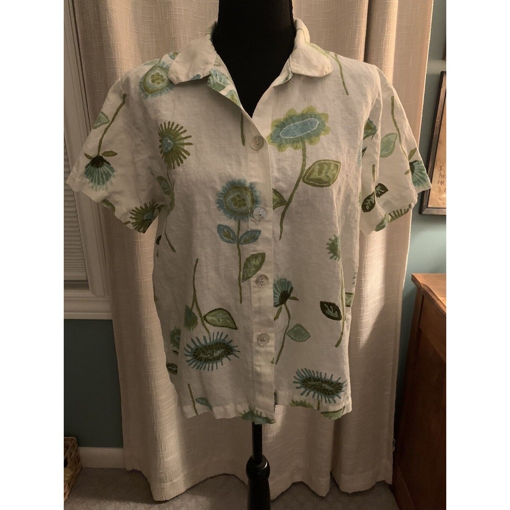 Hot Cotton by Marc Ware 100% Linen White With Green Floral Button Up Top Small